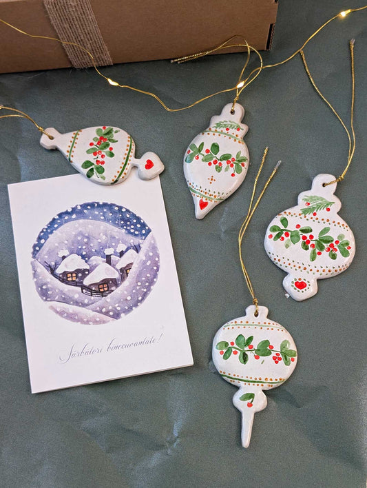 Set cadou pentru Crăciun (4) - decorațiuni create 100% manual (4 piese) + felicitare
