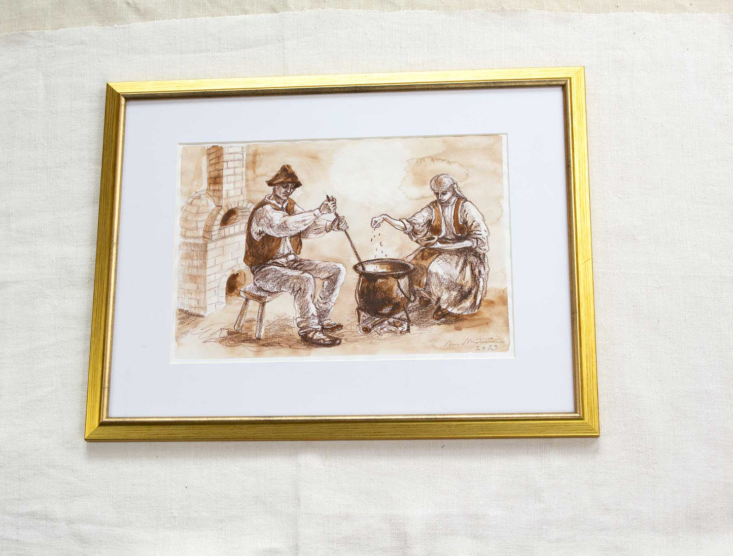 „Țărani de pe timpuri, din România” - desen în acuarelă și creion, original