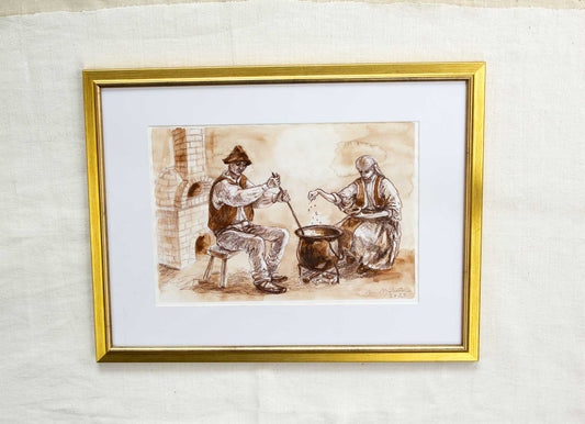 „Țărani de pe timpuri, din România” - desen în acuarelă și creion, original