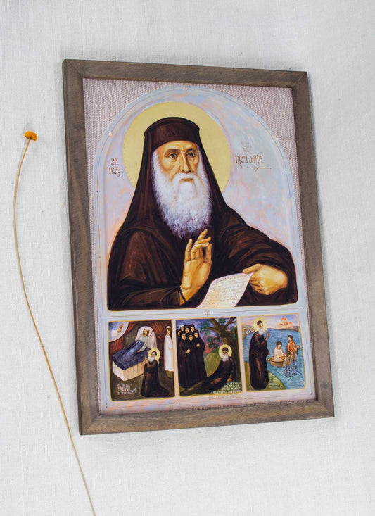 Sfântul Nectarie - icoană cu scene din viața sa - imprimare de artă pe pânză fină