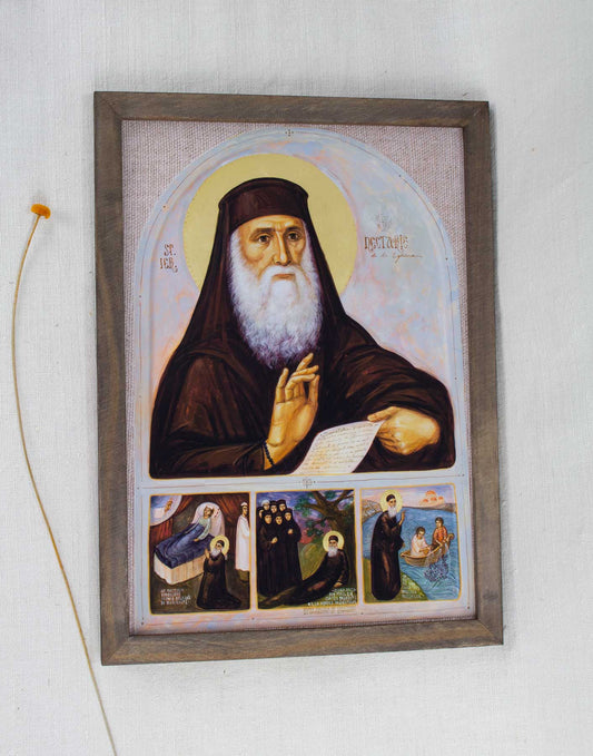 Sfântul Nectarie - icoană cu scene din viața sa - imprimare de artă pe pânză fină
