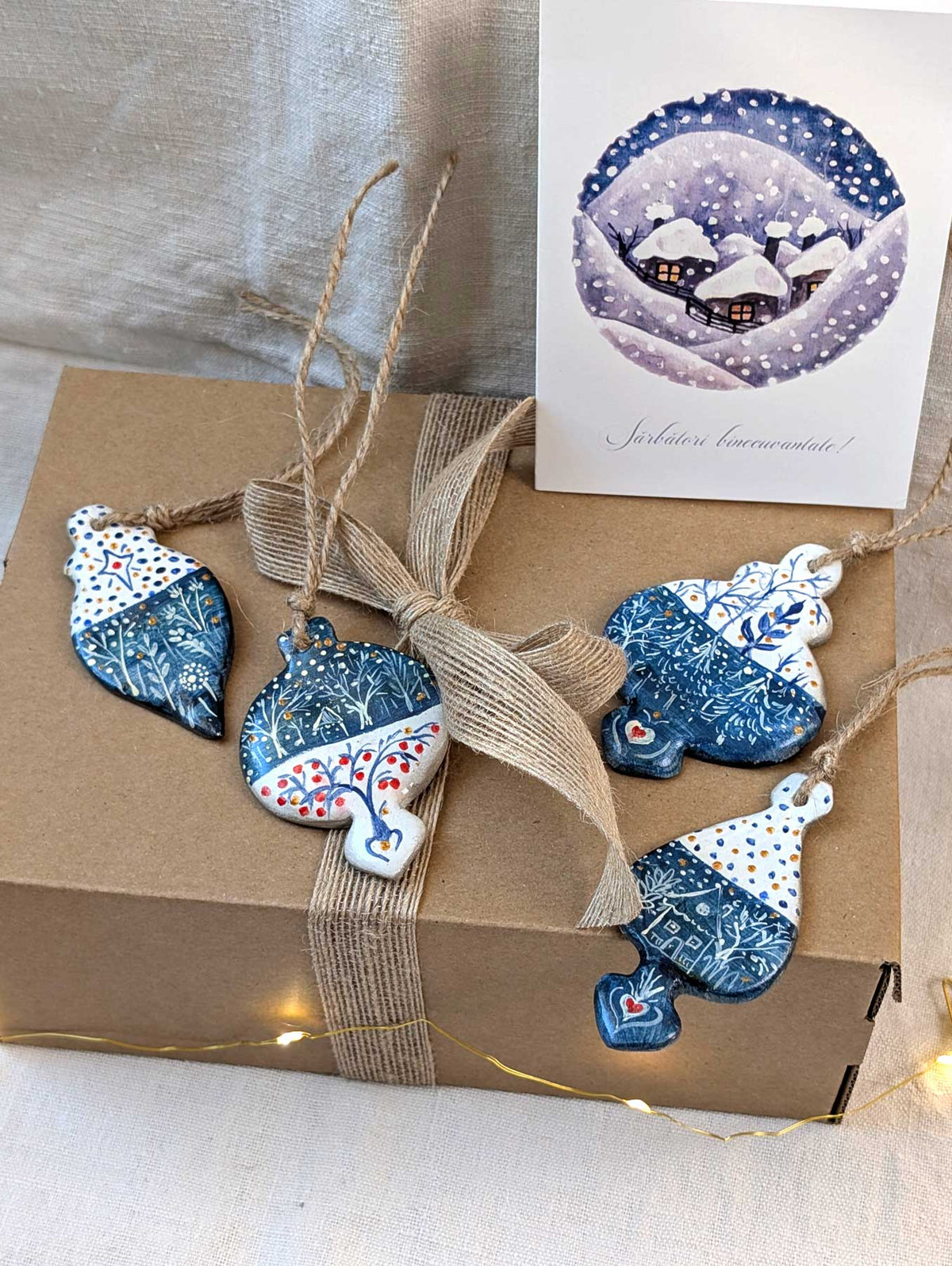 Set cadou pentru Crăciun (3) - decorațiuni create 100% manual (4 piese) + felicitare