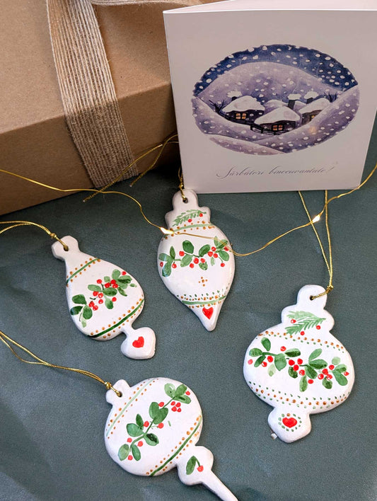 Set cadou pentru Crăciun (4) - decorațiuni create 100% manual (4 piese) + felicitare