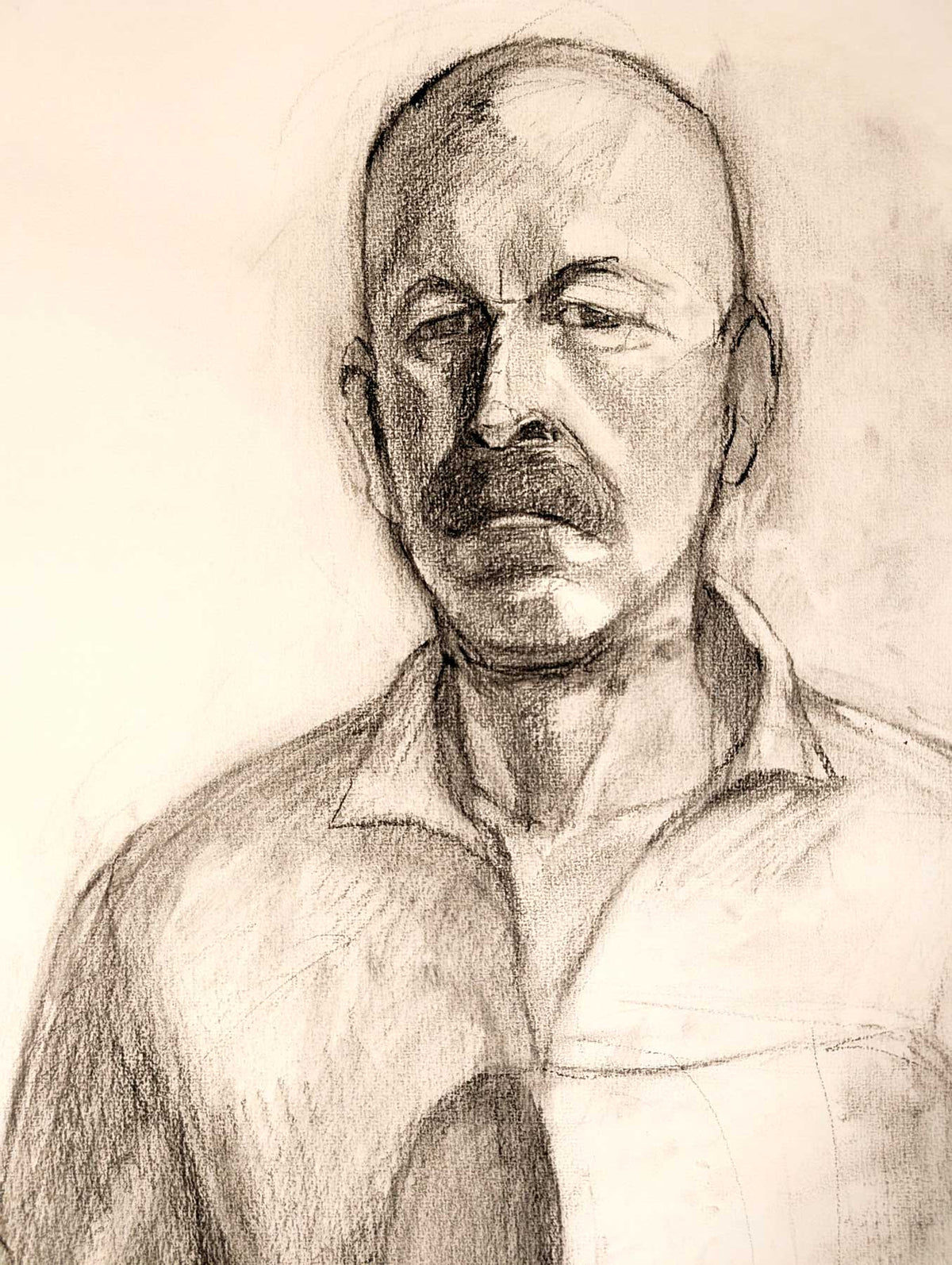 Portret cu mâini - studiu de desen în cărbune