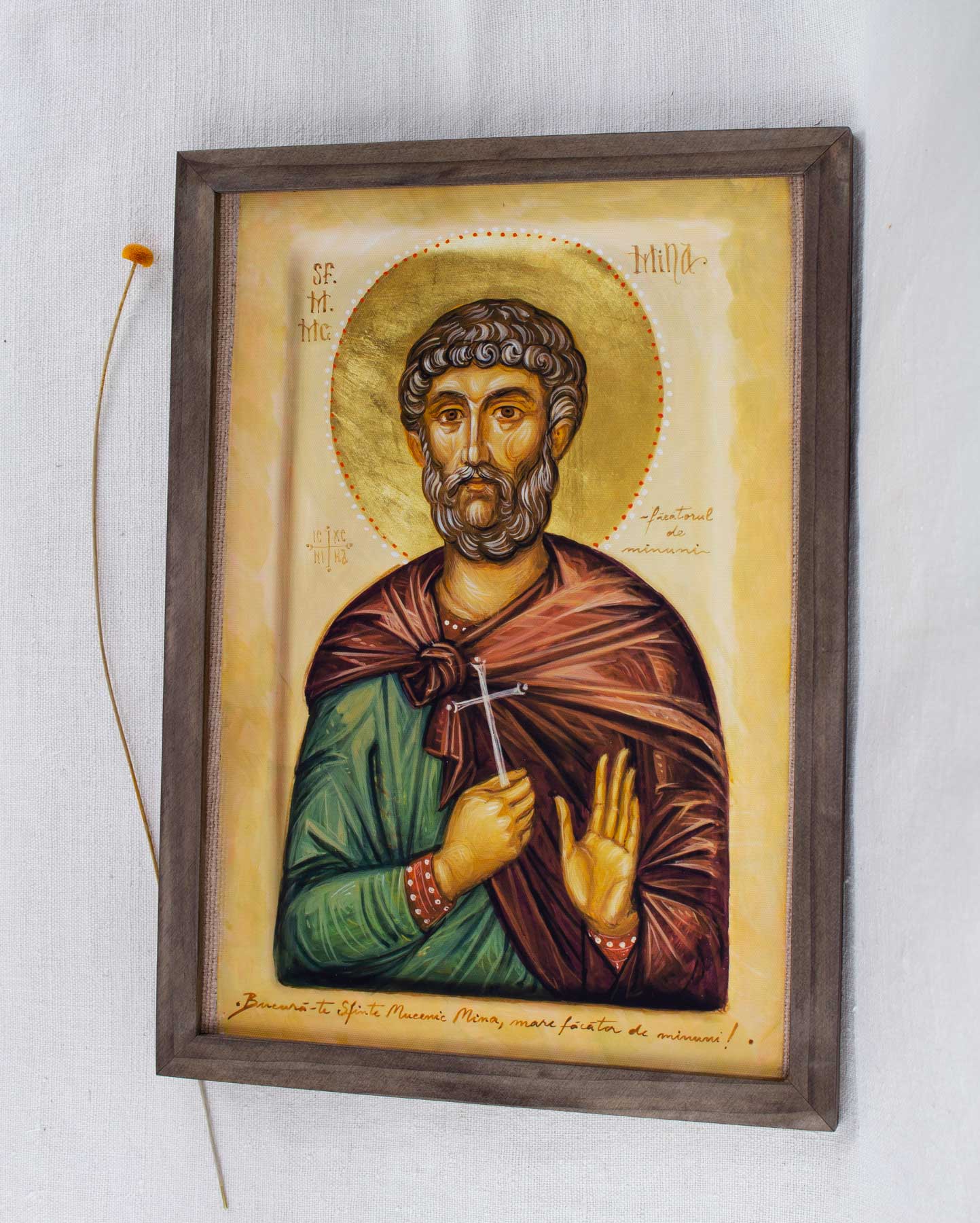 Sfântul mare mucenic Mina - icoană, imprimare de artă pe pânză fină 23/32 cm