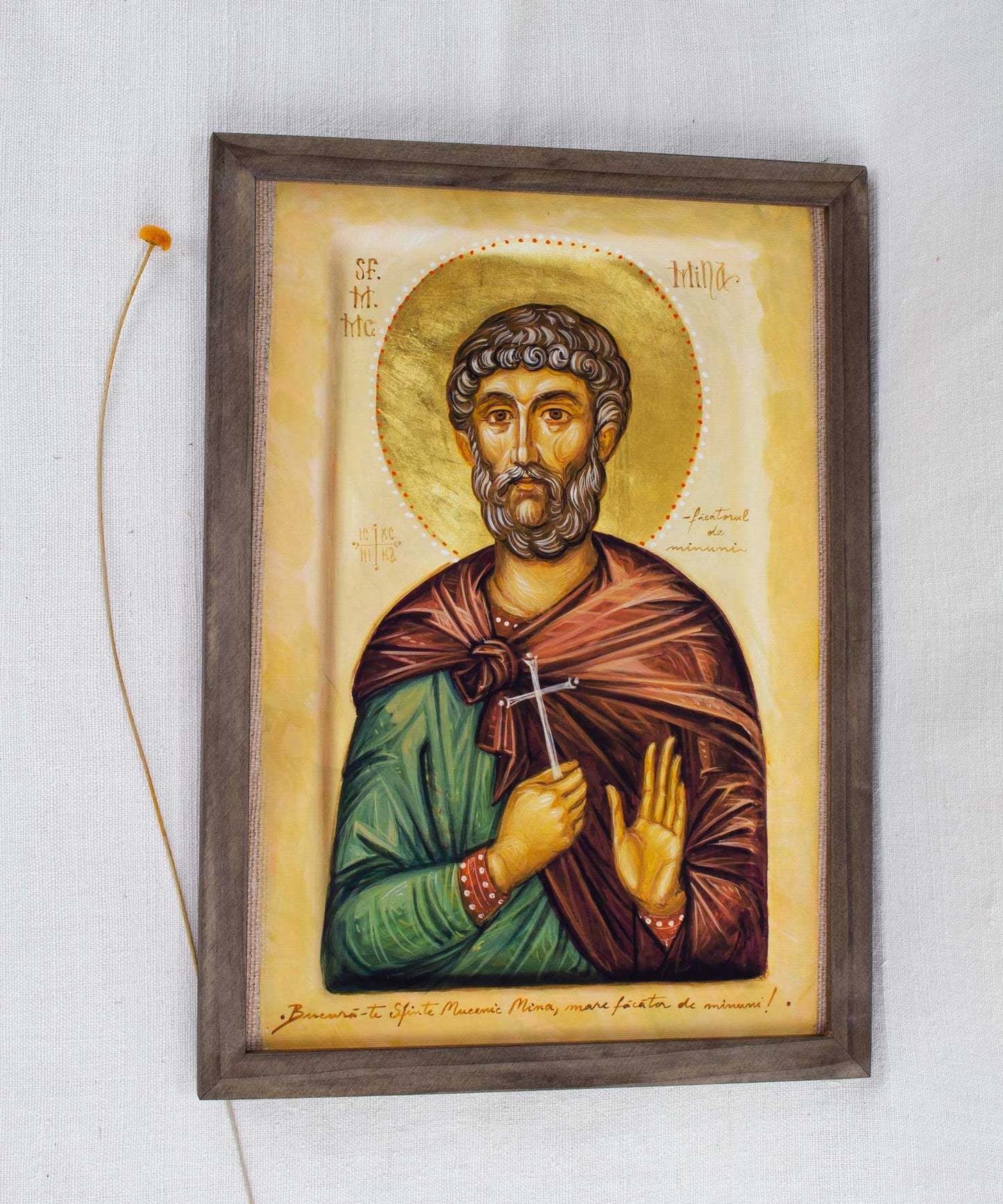 Sfântul mare mucenic Mina - icoană, imprimare de artă pe pânză fină 23/32 cm
