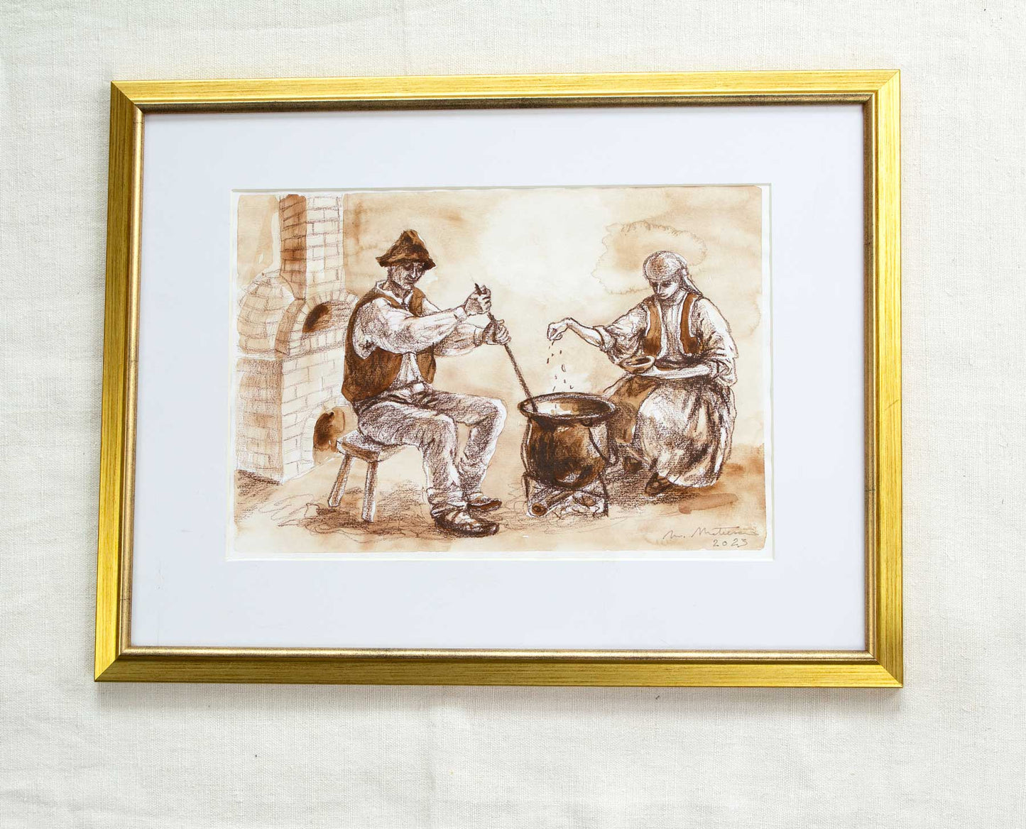 „Țărani de pe timpuri, din România” - desen în acuarelă și creion, original