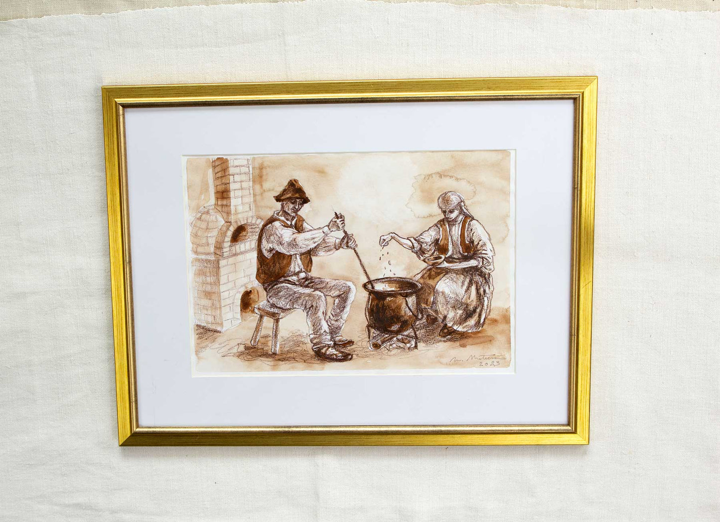„Țărani de pe timpuri, din România” - desen în acuarelă și creion, original